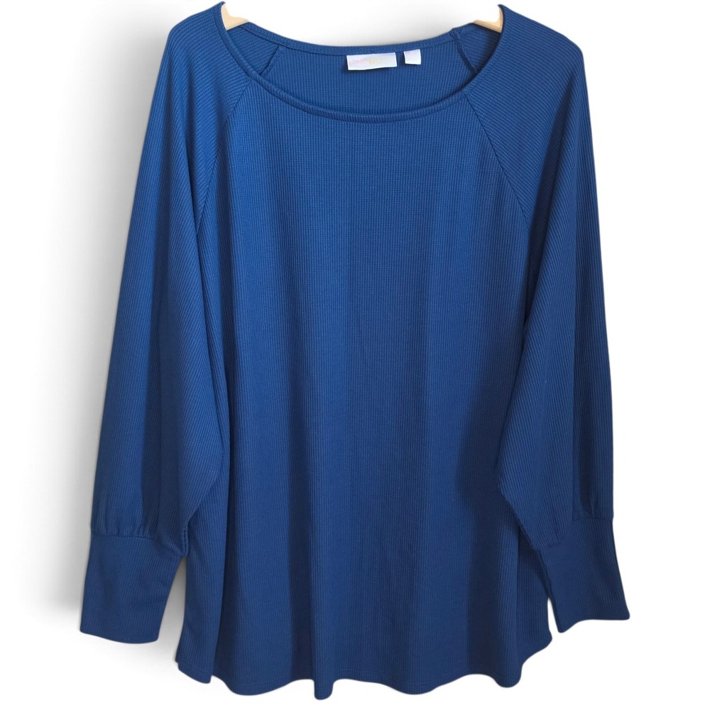 Belle by Kim Gravel Top Womens 1X Blue Ribbed Waffle Knit Raglan Long Sleeve Tee